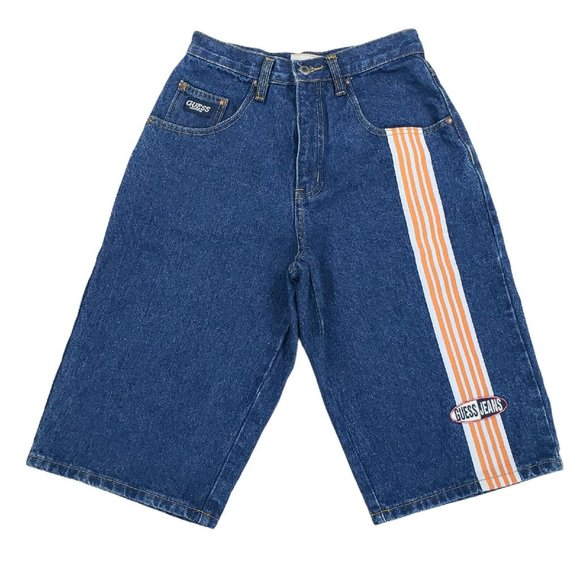 Vintage 80s 90s Guess Jeans Blue Denim Shorts Baggy Striped Spellout Measure 25